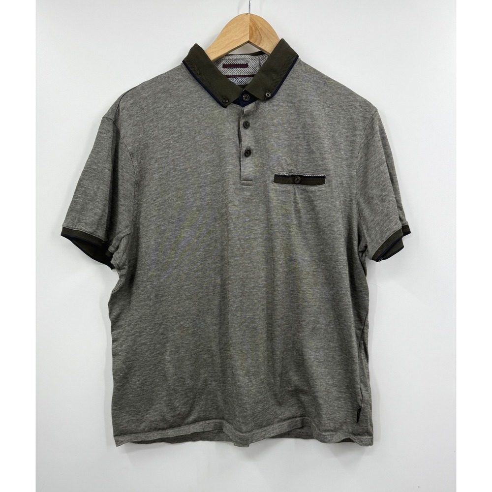 Ted Baker London Mens Grey Textured Polo Shirt Short Sleeve Button Pocket XXL